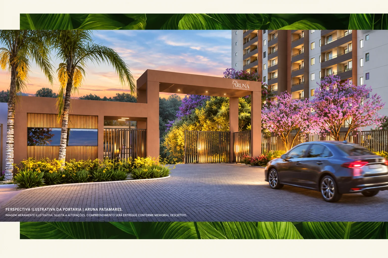 Perspectiva ilustrativa da entrada e fachada do Aruna Patamares, empreendimento residencial em Salvador