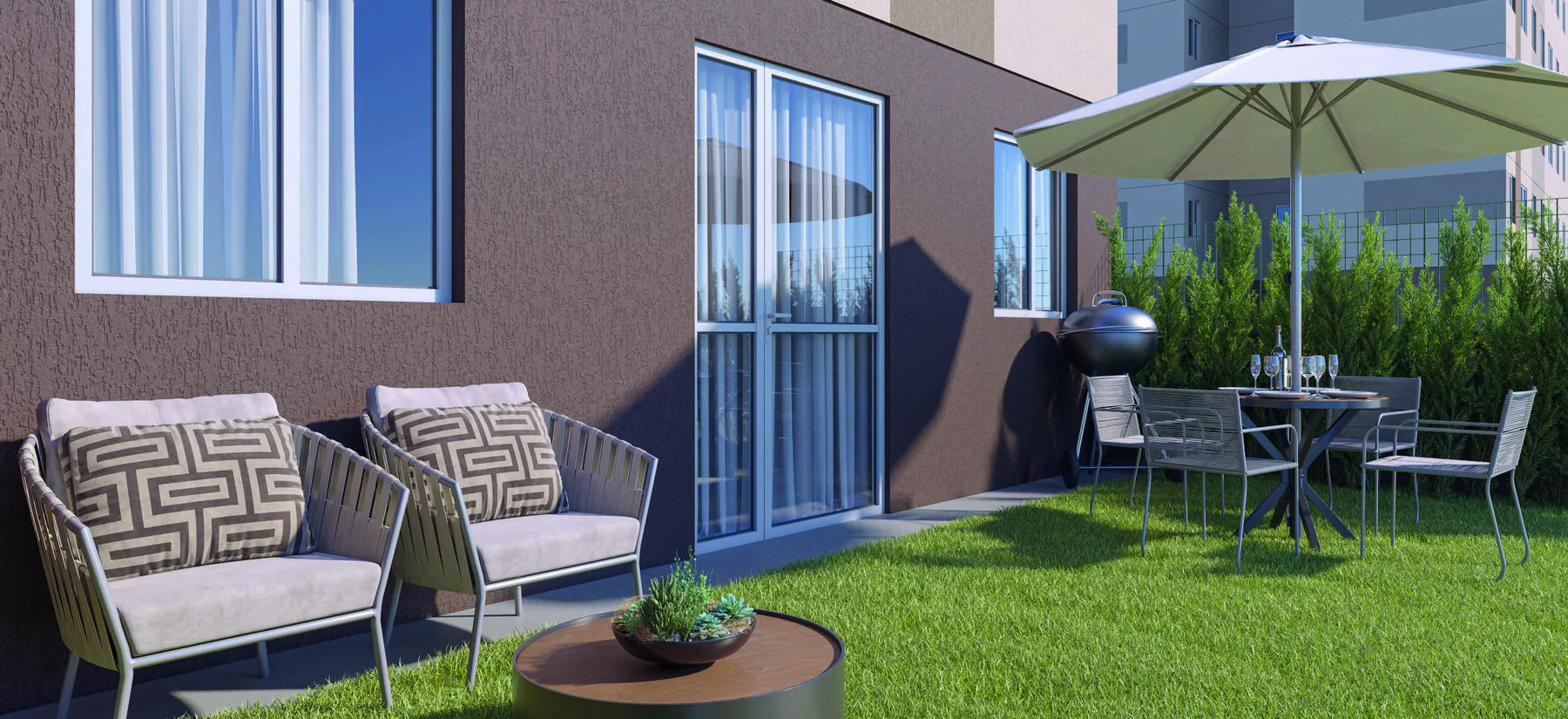 Perspectiva ilustrada de apartamento garden do Boulevard Park