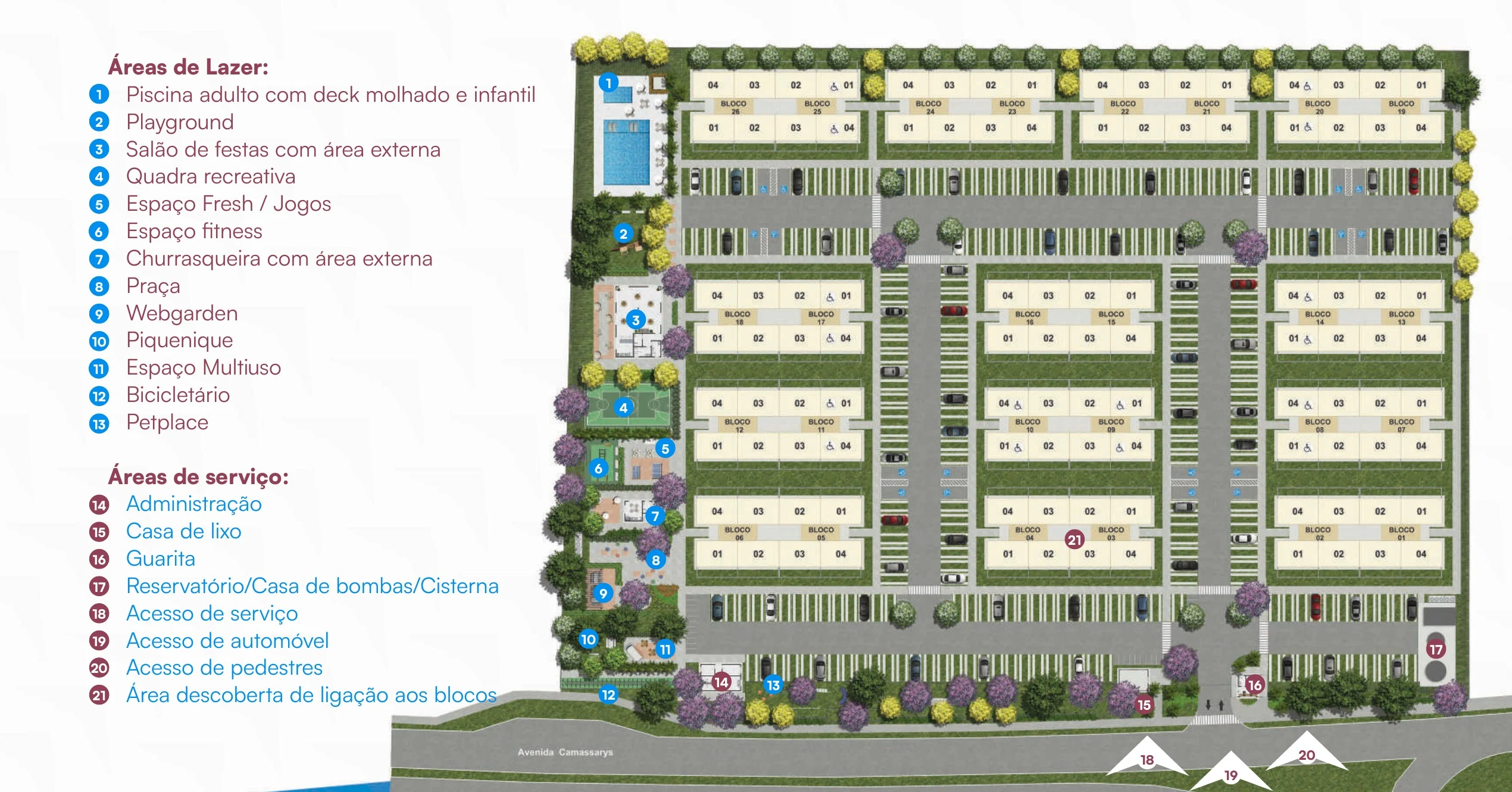Planta de implantação do Boulevard Park: 26 blocos residenciais, vias internas, vagas e áreas de lazer e serviços identificadas