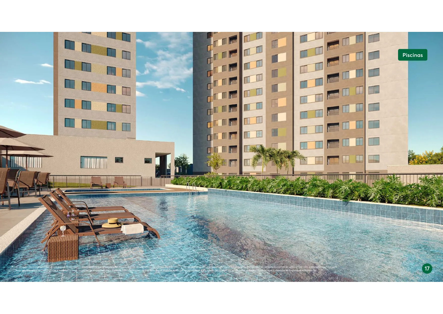 Perspectiva ilustrativa das piscinas adulto e infantil com prainha do Vista do Atlântico