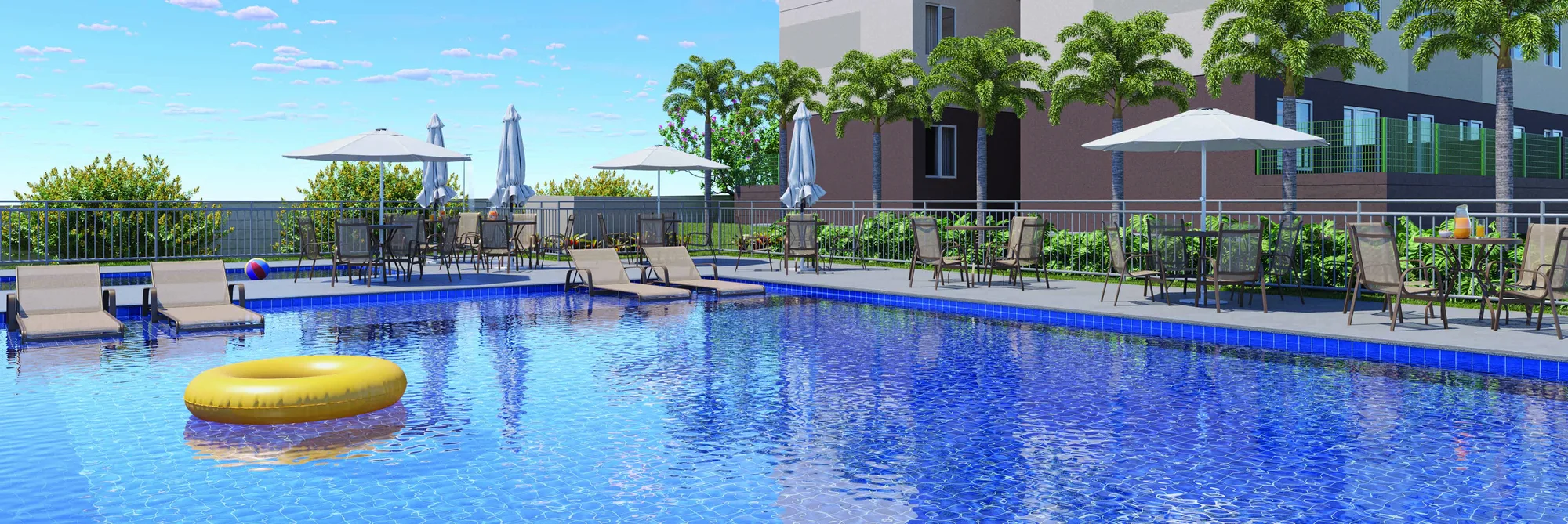 Perspectiva da piscina adulto com deck molhado e piscina infantil