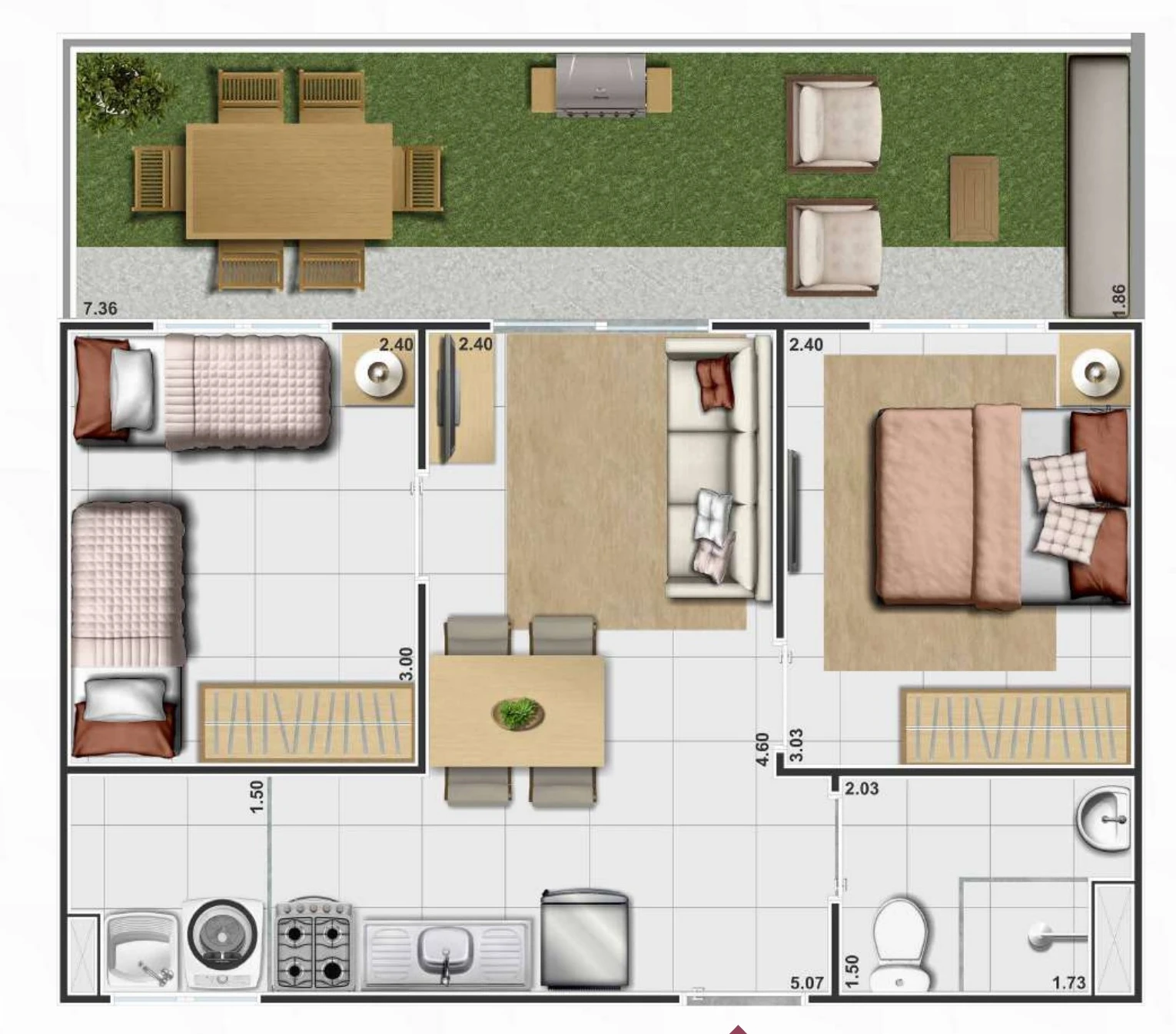 Planta ilustrada do apartamento Boulevard Park de 2 quartos com garden