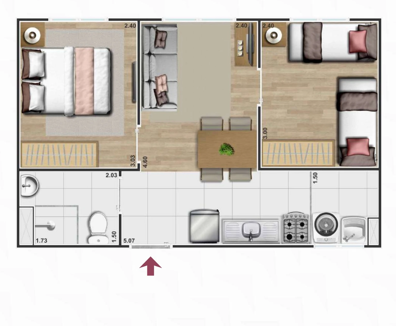 Planta ilustrada do apartamento tipo Boulevard Park de 2 quartos
