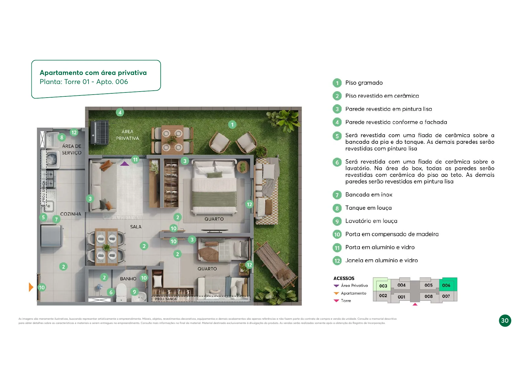 Planta do apartamento com área privativa de 2 quartos, Torre 01, Apto. 006, do Vista do Atlântico
