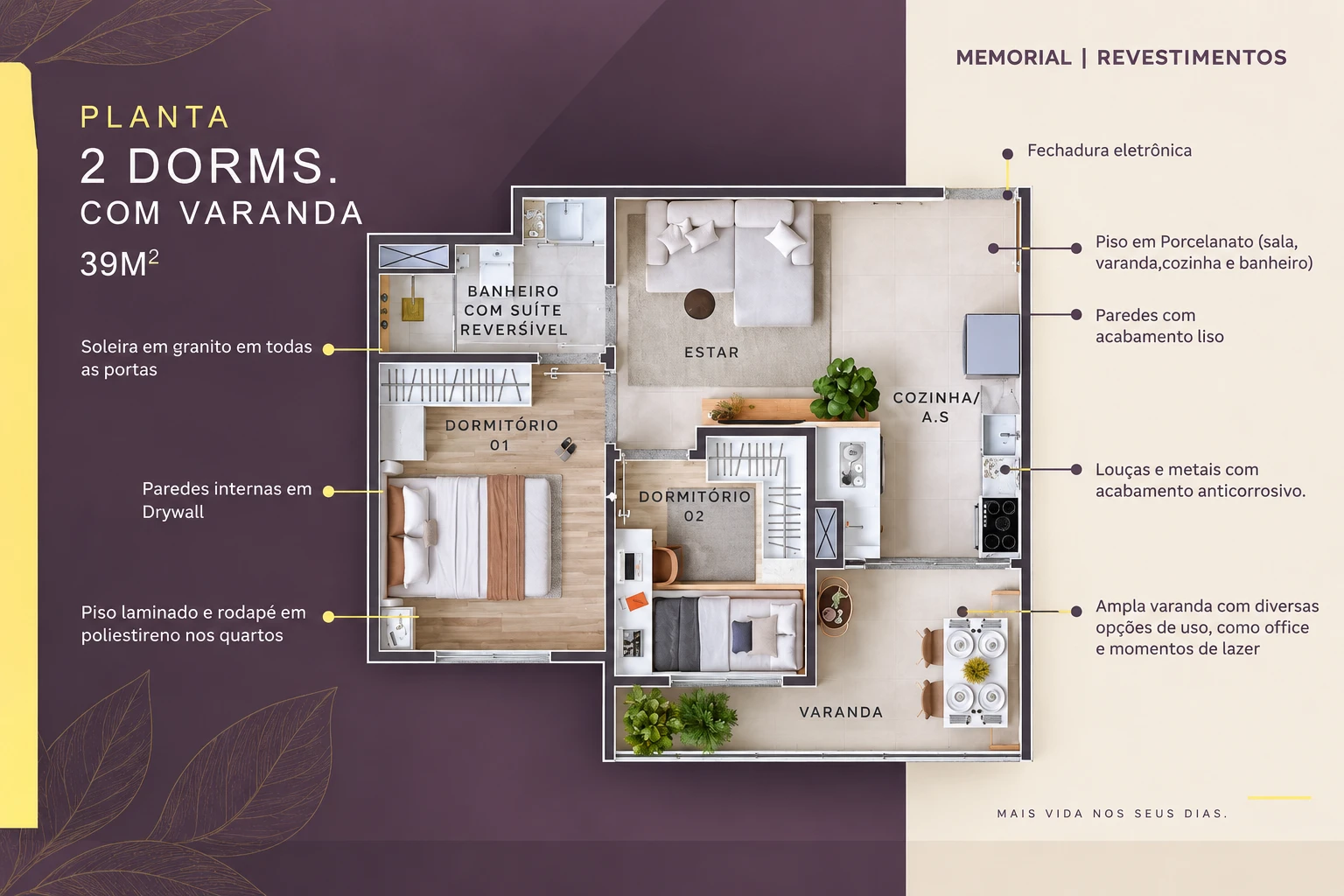 Planta ilustrativa do apartamento Aruna Patamares de 2 quartos com varanda, mostrada no book de vendas