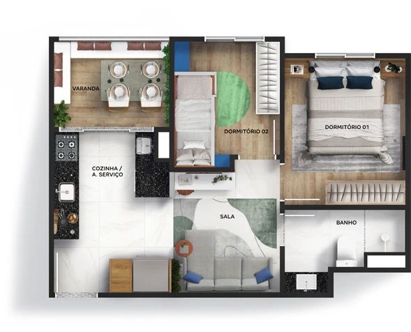 Planta ilustrativa do Vila Santiago de 35,45 m² com varanda