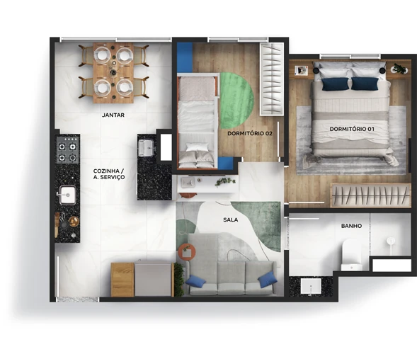 Planta ilustrativa do Vila Santiago de 35,45 m² sem varanda