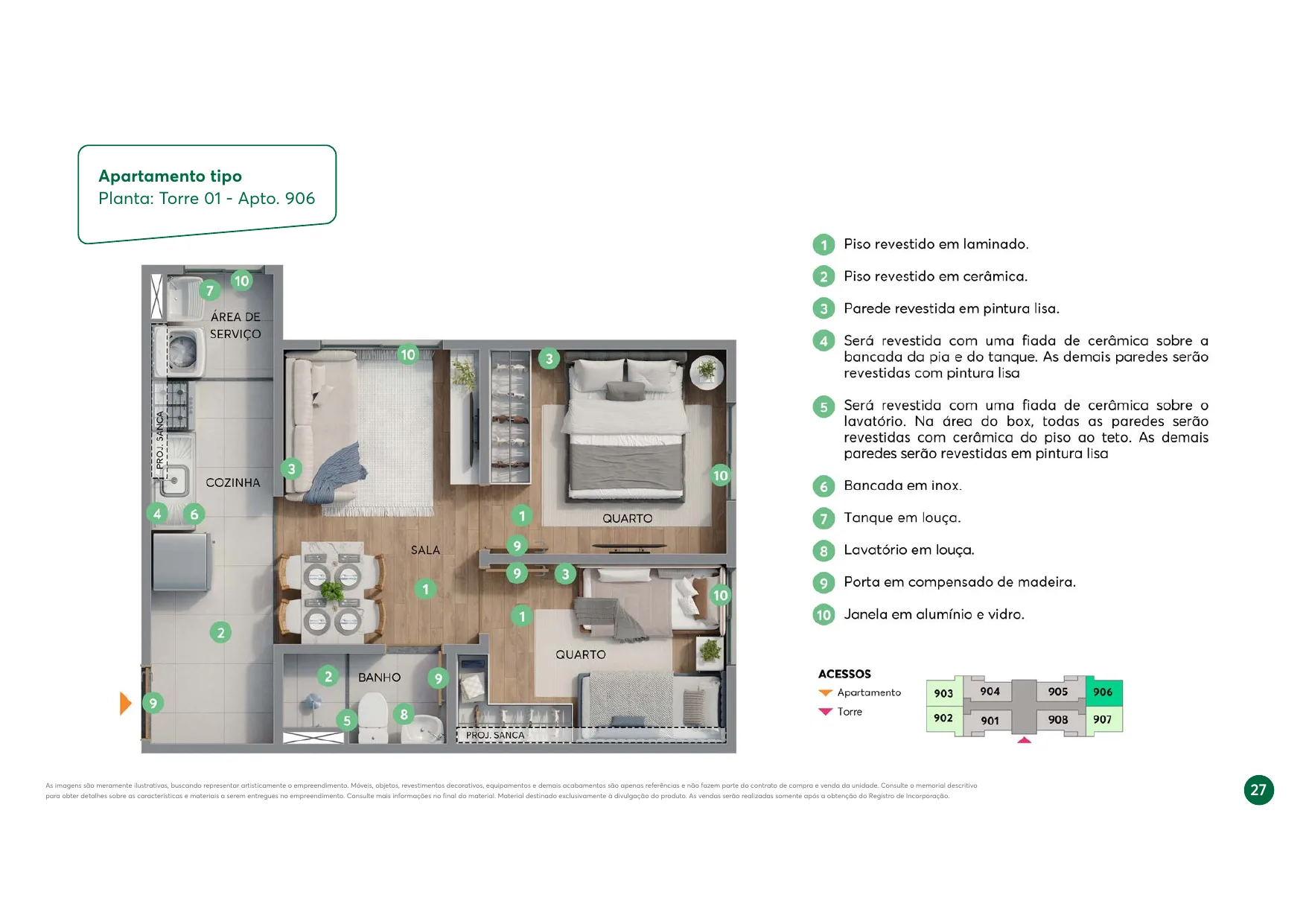 Planta do apartamento tipo de 2 quartos, Torre 01, Apto. 906, do Vista do Atlântico
